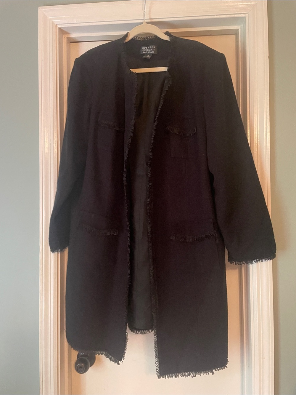 Spenser Jeremy Black Open-Front Fringed Trench Coat